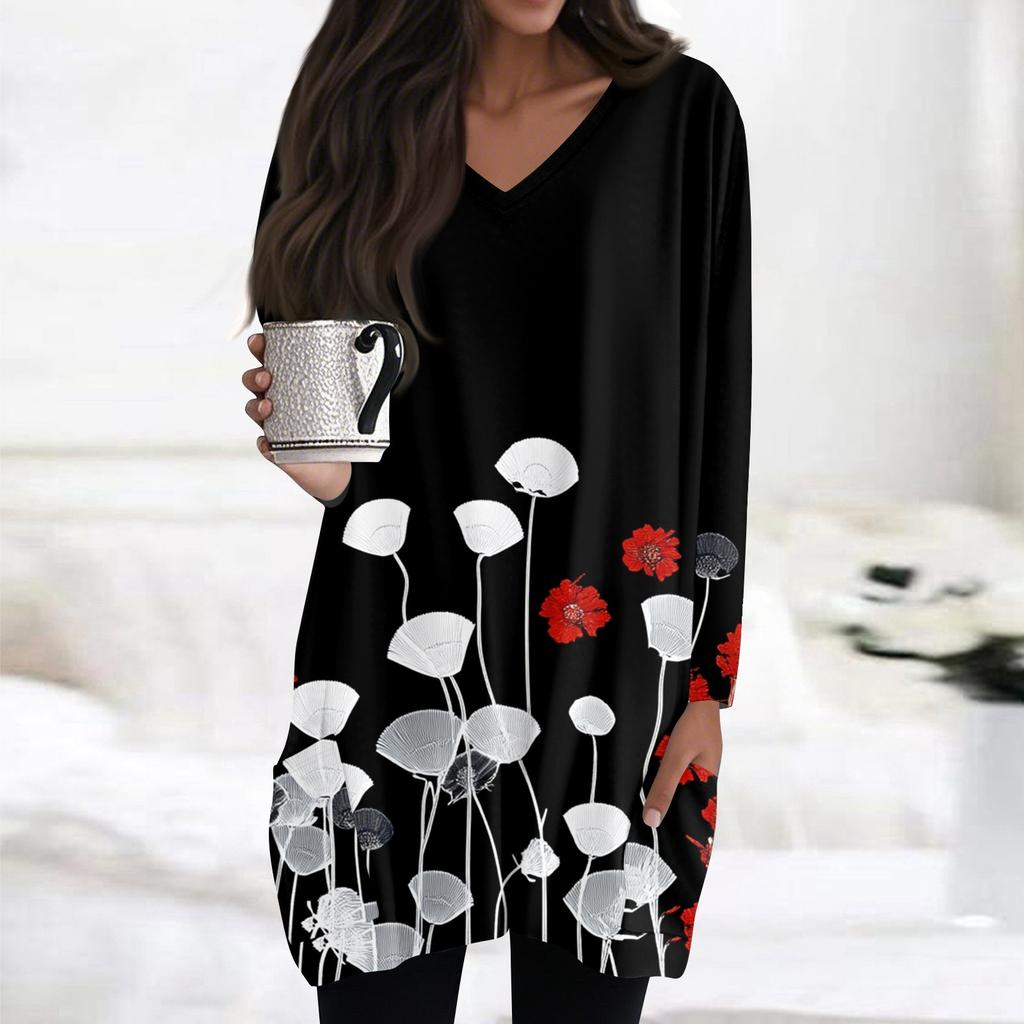 Damen Oberteile V-Ausschnitt Langarm Blusen Lässige Mittellange Hemden Mode Druck Tunika Oberteile Mit Taschen