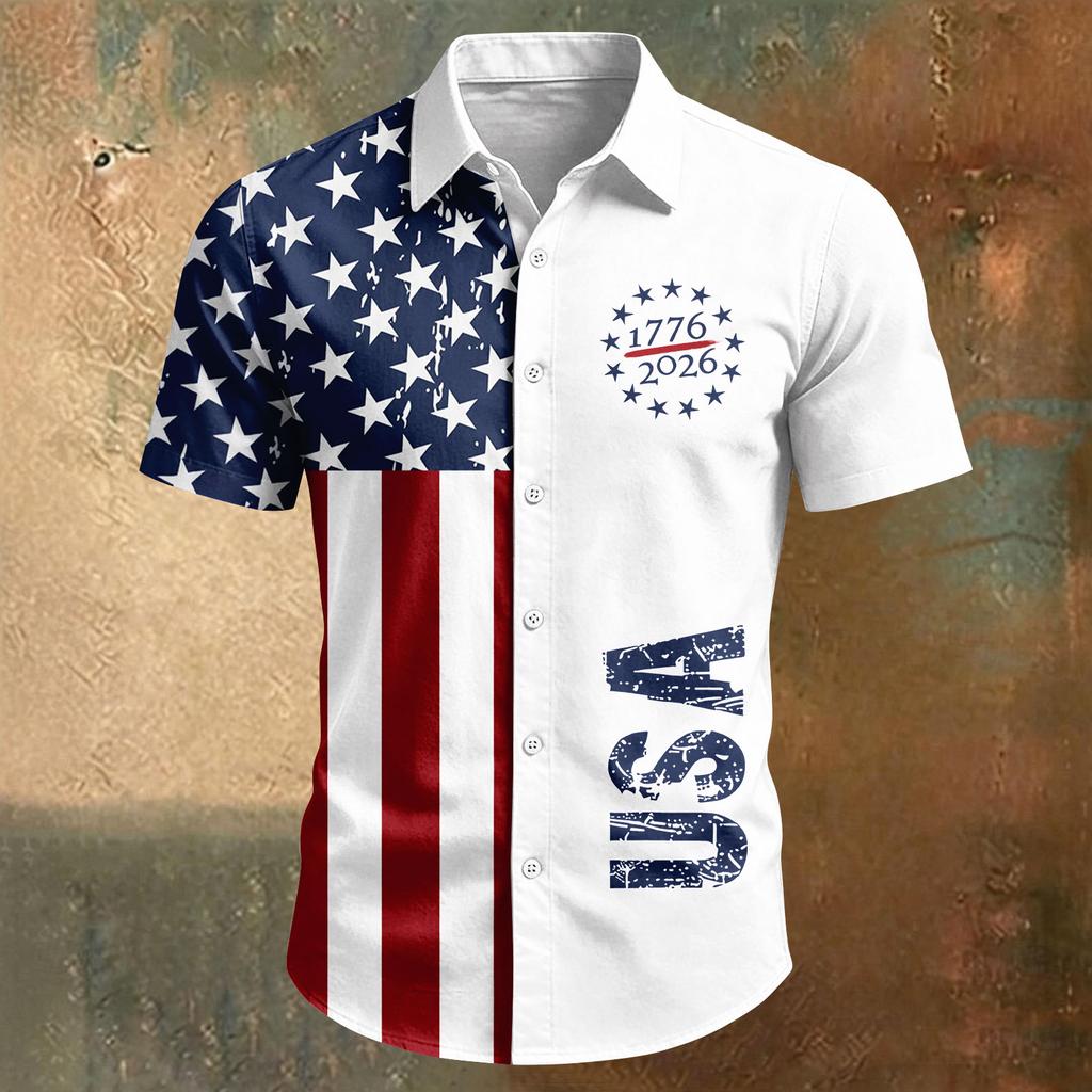 Camisa de manga corta casual deportiva para hombre con estampado del Día de la Independencia y cuello