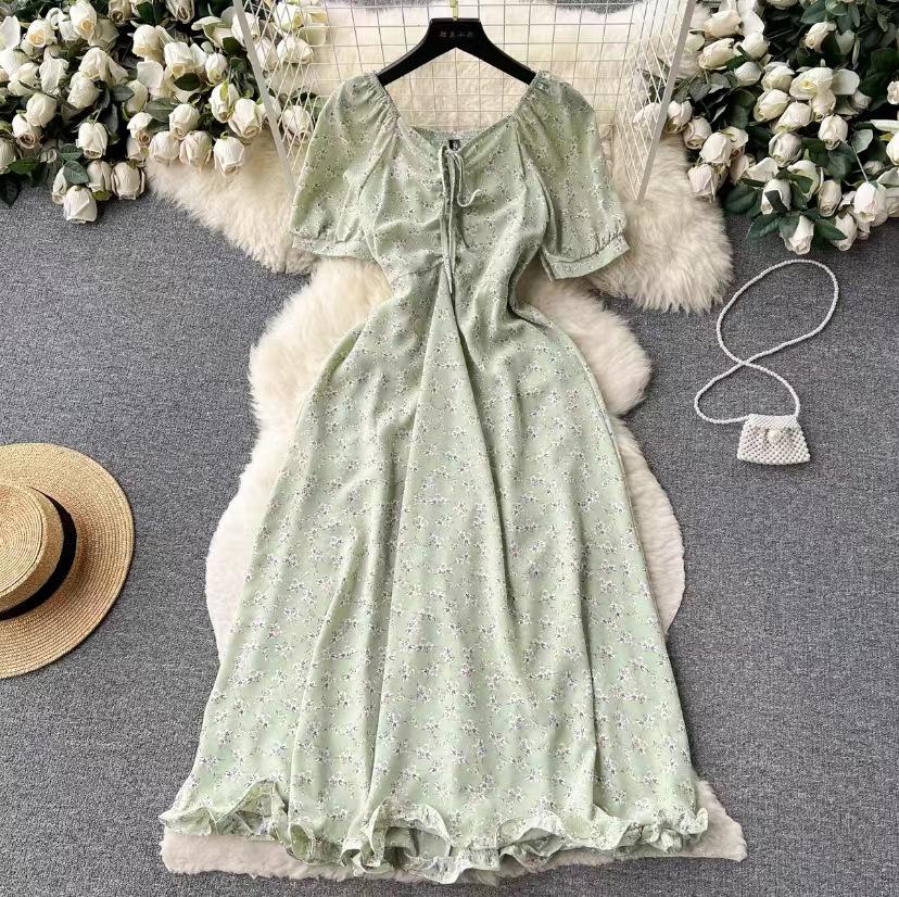 Summer Women Floral Midi Dress Beach Vacation V-Neck Short Sleeve High Waist A-Line Party Vestidos Female Dresses
