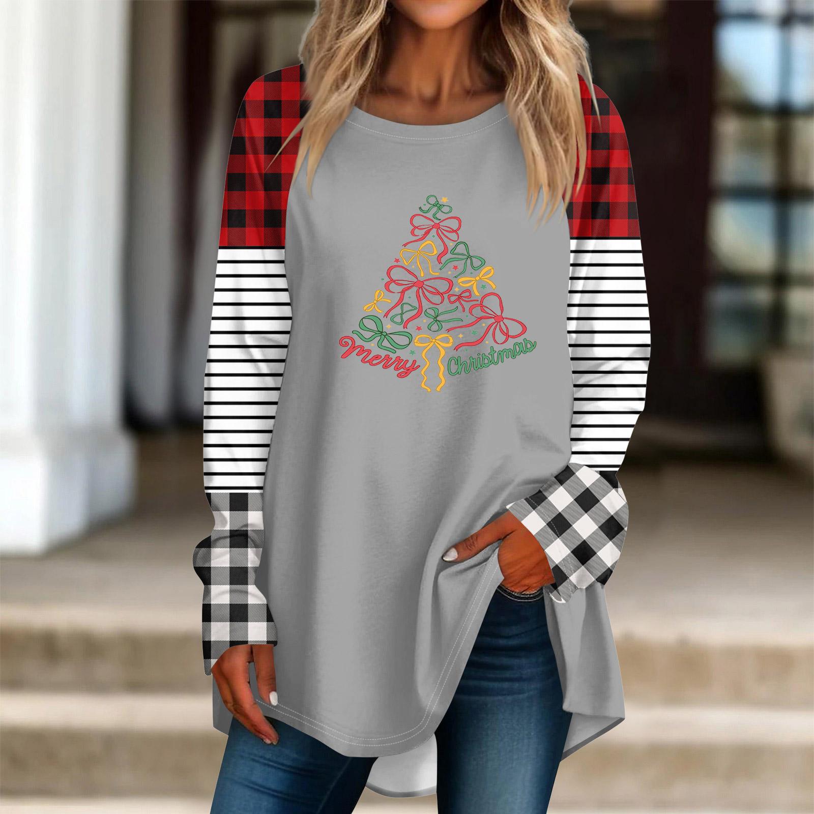 

Fashionable Women s Loose Round Neck Christmas Small Print Long-sleeved T-shirt Top Pullover XL срібний