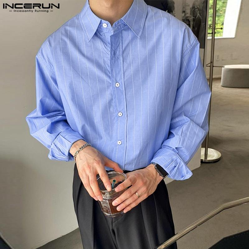 INCERUN Oversized Men Shirts Long Sleeve Lapel Striped Print Casual Loose Tops