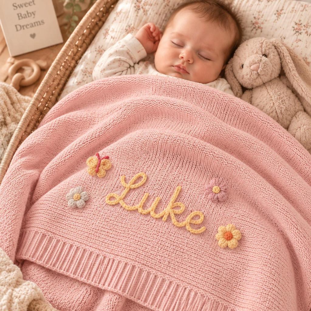 Personalized Baby Blanket, Custom Embroidered Knit Cotton Blanket, Newborn Baby Shower Gift, Nursery Keepsake, Baby Girl Gift