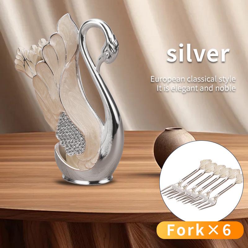 European Luxury Gold & Silver Rhinestone Swan Spoon and Fork Set with Swan Stand