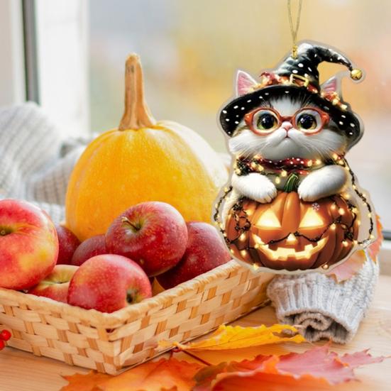 Car Halloween Rearview Mirror Hanging Pendant Cartoon Skull Cat Auto Interior Accessory 2D Flat Acrylic Hanging Charm for Car Backpack