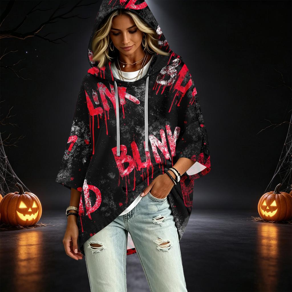 Damen Freizeit 3/4 Ärmel Halloween Print Kapuzen Pullover Top für den Herbst