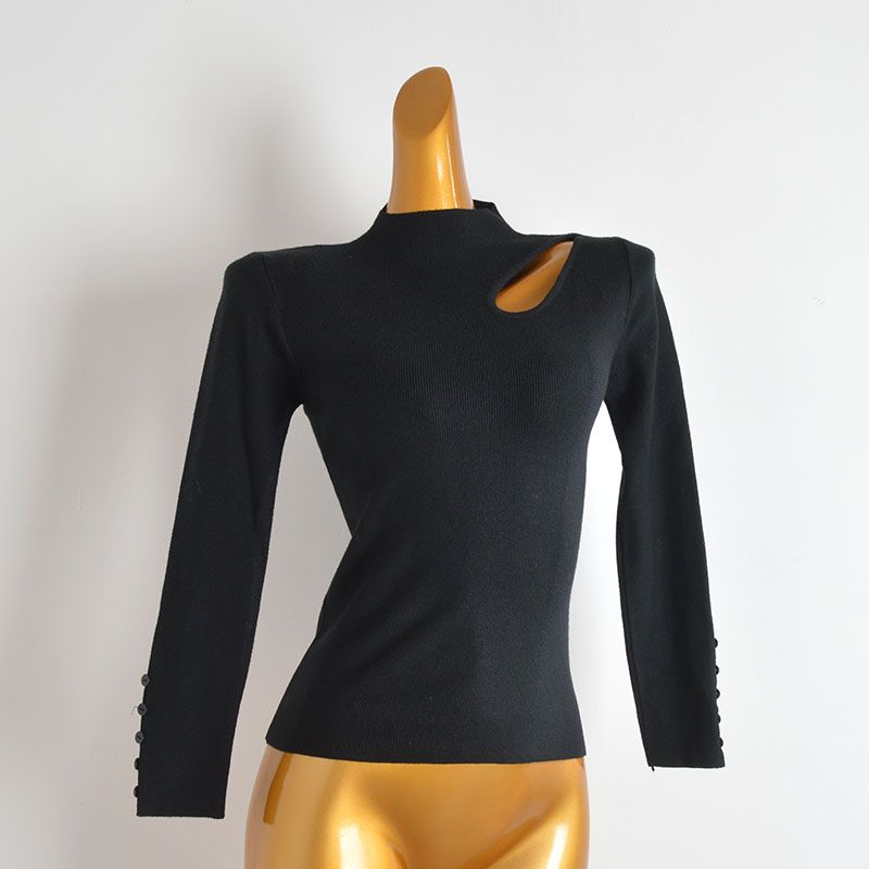 New Arrival Pure Color Stand Collar Pullover Cut Out Shoulder-Baring Sweater Women's Clothing Slim Fit Slimming Long Sleeves Bottoming Shirt Tops