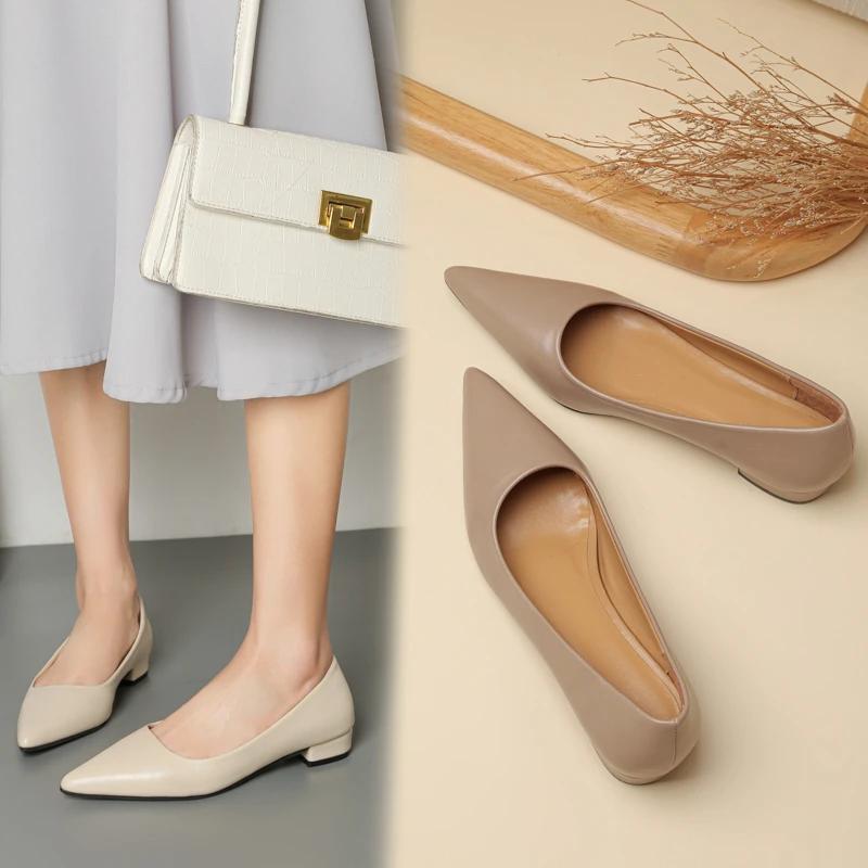 New Pointed Toe Shallow Mouth Square Heel Small Leather Shoes Women's Elegant High Heels Dress Shoes