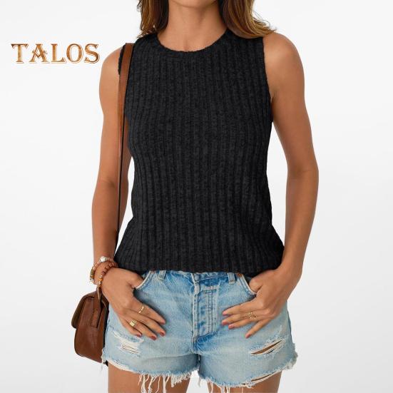 Women Tops Round Neck Sleeveless Slim Fit Knitted Tops Solid Color Elastic Ribbed Tank Tops Daily Wear