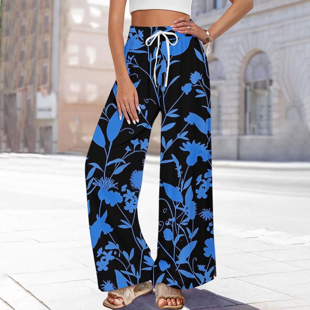 Women's Printed Wide Leg Pants With Pockets High Waist Drawstring Loose Casual Pants