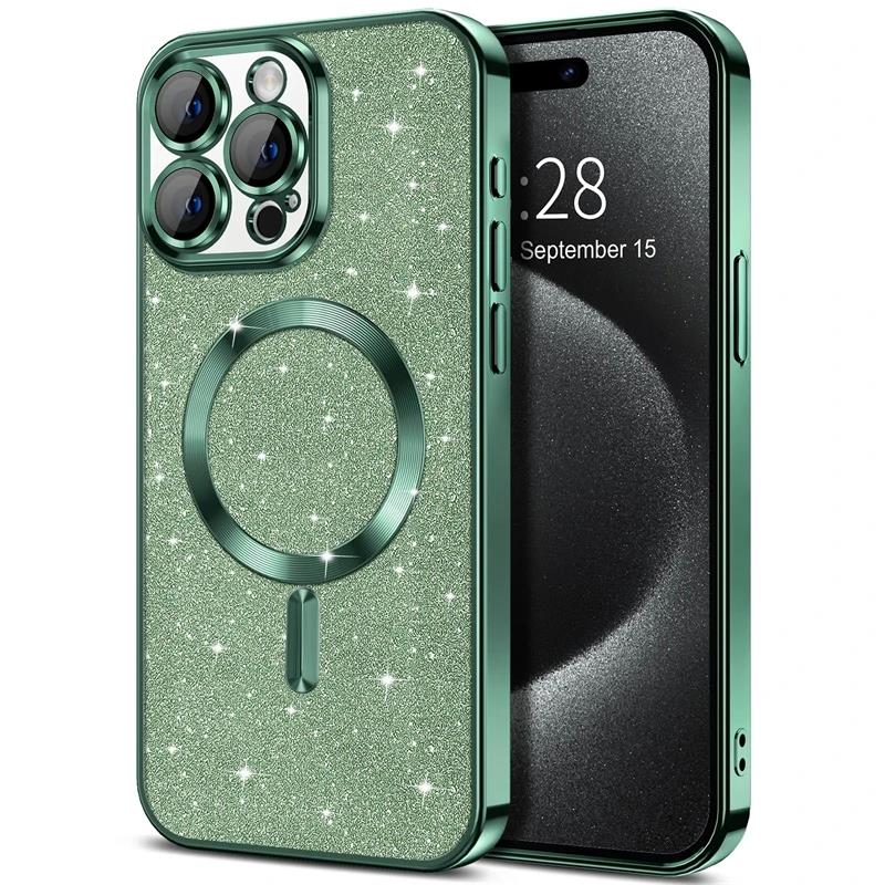 Obudowa Electroplate z osłoną obiektywu do iPhone'a 15 14 13 12 11 16 Pro Max Plus do ładowania bezprzewodowego Magsafe Bumper Glitter Cover