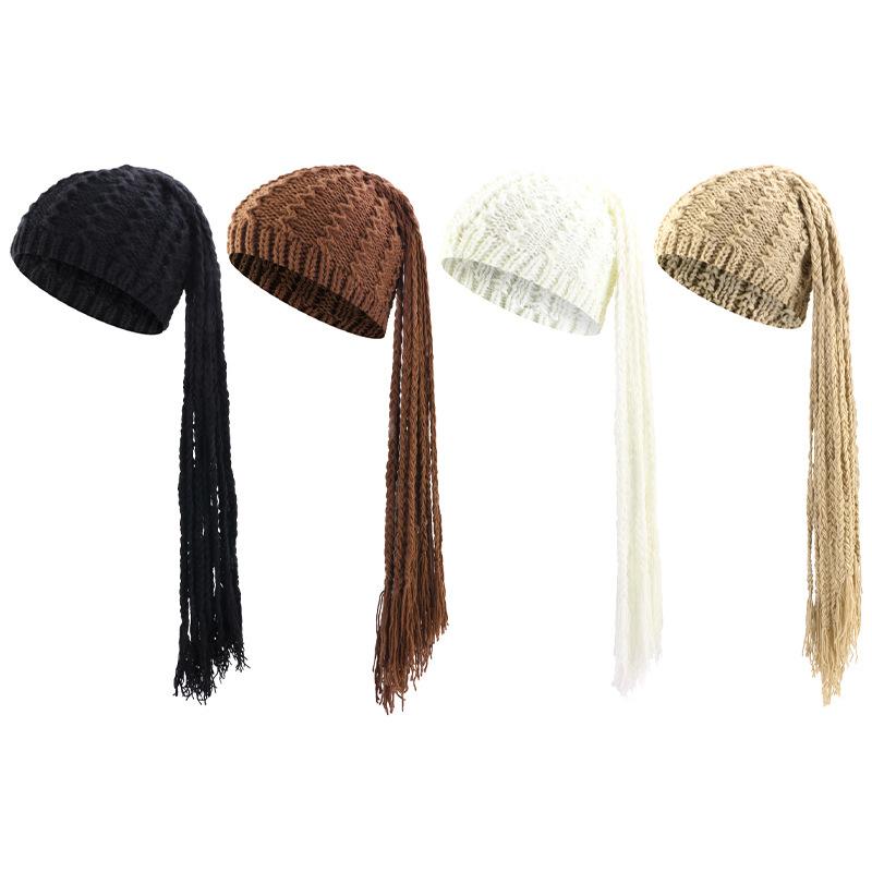 Trendy Women'S Handmade Crochet Winter Hat Braided Tassels Hip-Hop Elastic Warm Beanie Ear Protection Hats Halloween Funny Caps