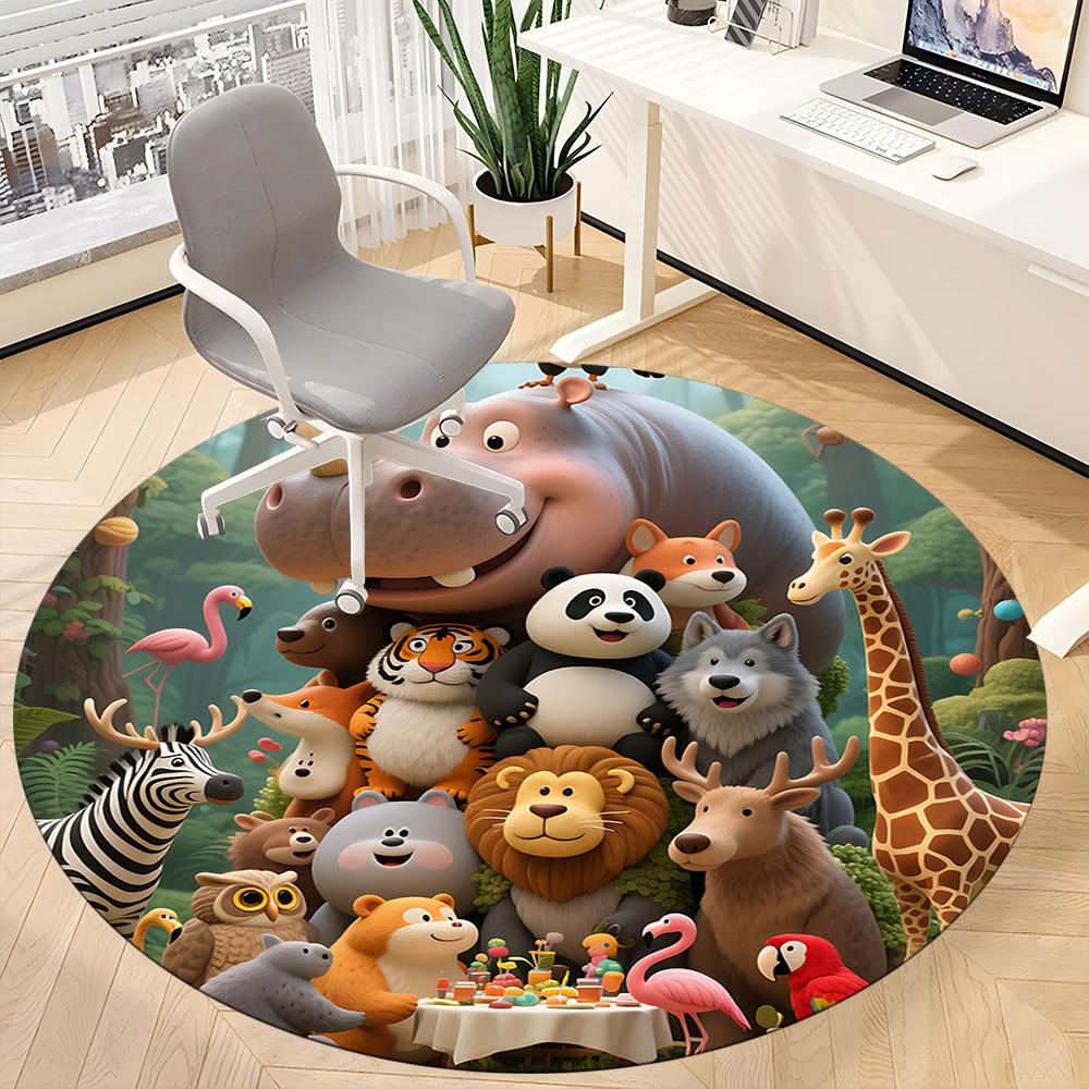 1pc Zoo Party Office Round Area Rug, Indoor Mat Suitable ForOffice, Under Office Chairs Bedroom Living Room Home Decor, Room Deco T106