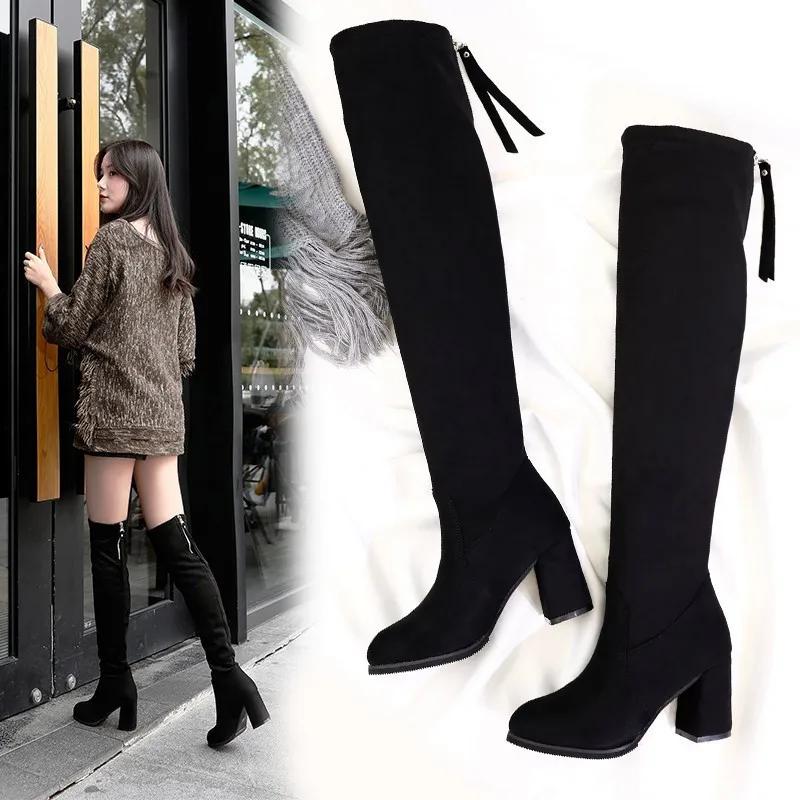 

Winter New Ladies Fashion Comfortable Plus Cotton Warm Boots Women Casual Sexy Flock Zip Black High Heel Black Boots Mujer 35