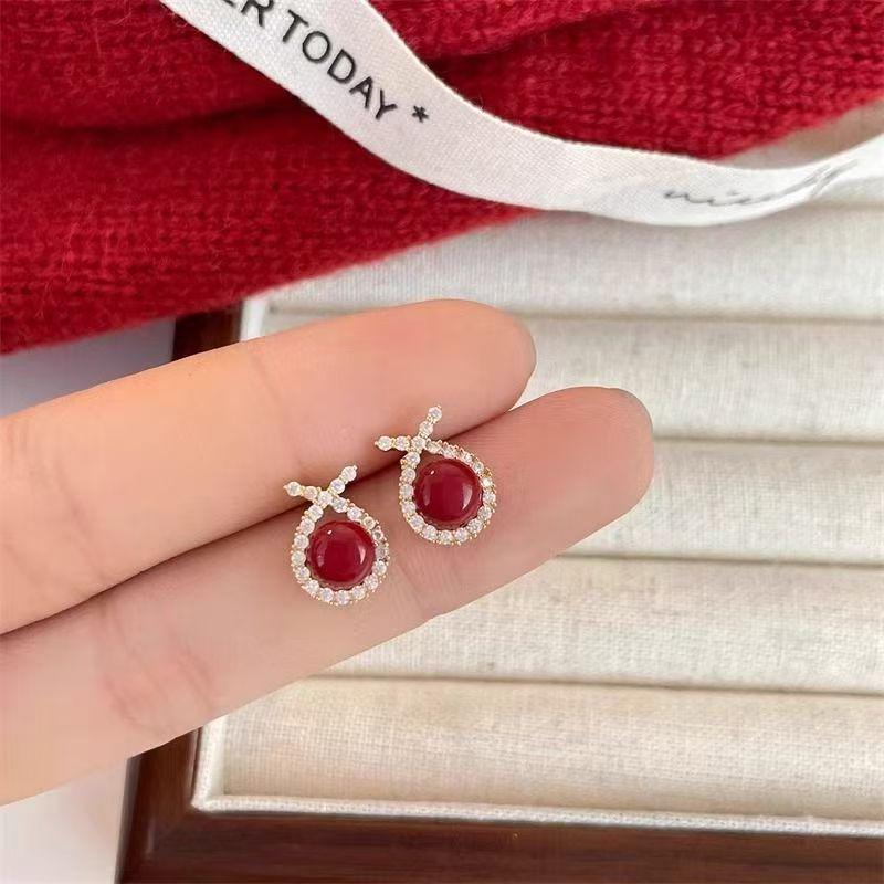 Elegant Red Pearl Rhinestone French Earrings: Women's Light Luxury Fashion Accessory