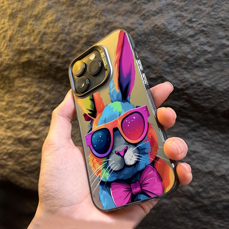 Cute Colorful Rabbit Electroplate Silver IMD Case For iPhone 15 14 16 Pro Max 11 12 13 Pro 7 8 Plus 16E X Shockproof Back Cover