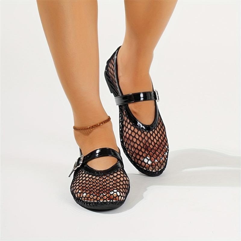 Fashion Flat Shoes Spring New Round Head Shallow Mouth Mesh Cloth Breathable Metal Buckle Line with Soft Sole Non-slip Single Shoes