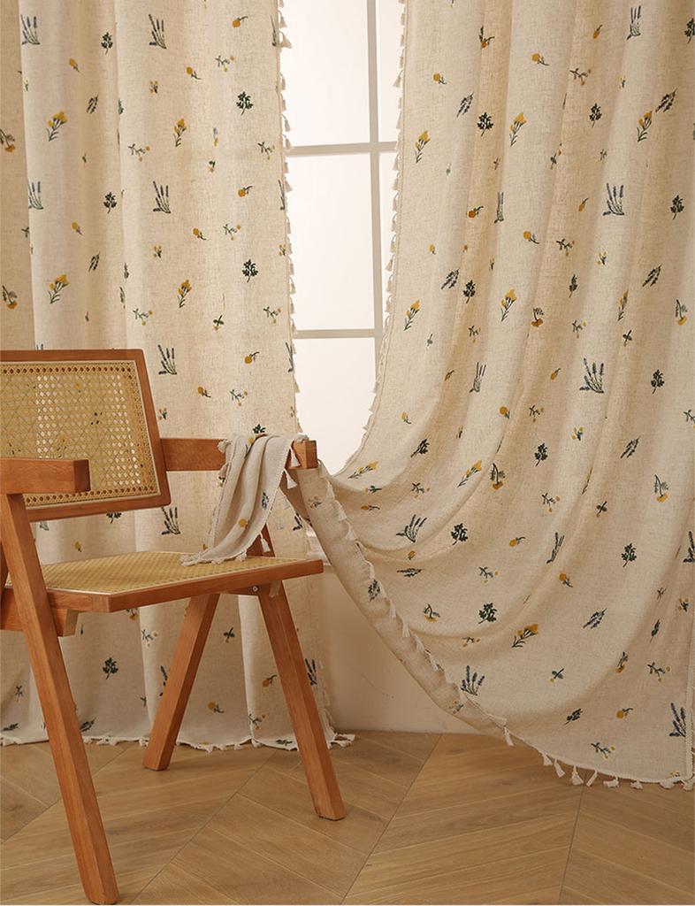 Boho Curtain Daisy Embroidered Farmhouse Window Treatments Beige Floral Curtain Rod Pocket Light Filtering Living Room Bedroom