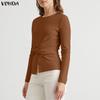 VONDA Women Casual Round Neck Long Sleeve Plain Front Cross Rib Blouse
