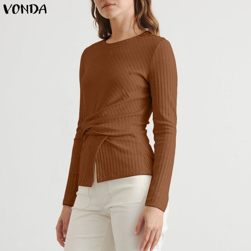 VONDA Women Casual Round Neck Long Sleeve Plain Front Cross Rib Blouse