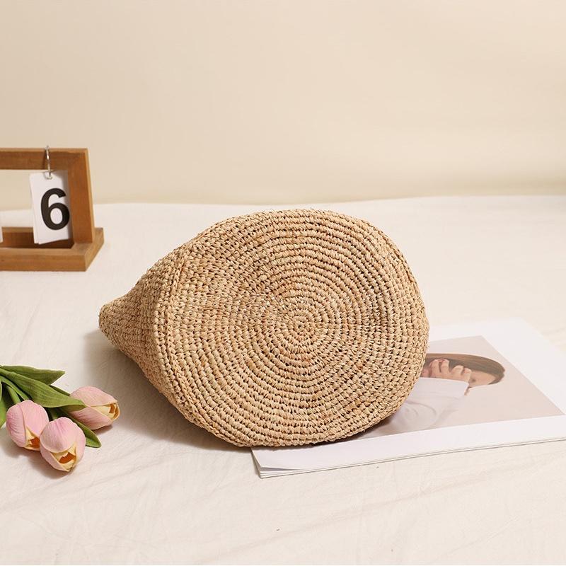 Borsa a Secchio in Paglia Naturale Intrecciata Fatta a Mano, Borsa a Spalla Estiva da Donna per Vacanze al Mare
