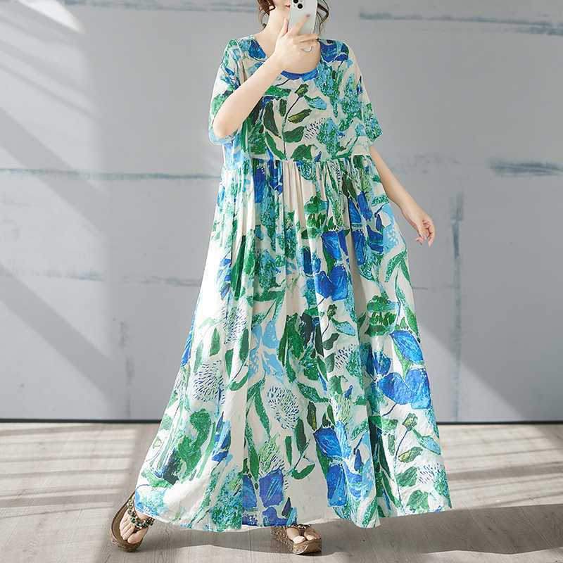 Round Neck Printed Bohemian Long Dress for Summer