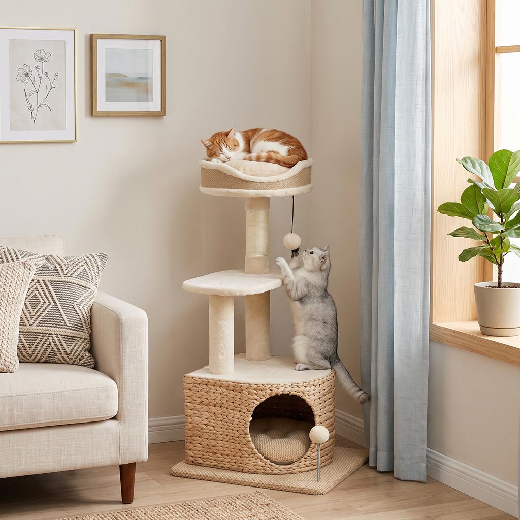 Cat Tree Modern Design Woven Style with Scratching Post 4 Levels Cattail Nest Perch In Jute 87 Cm Beige