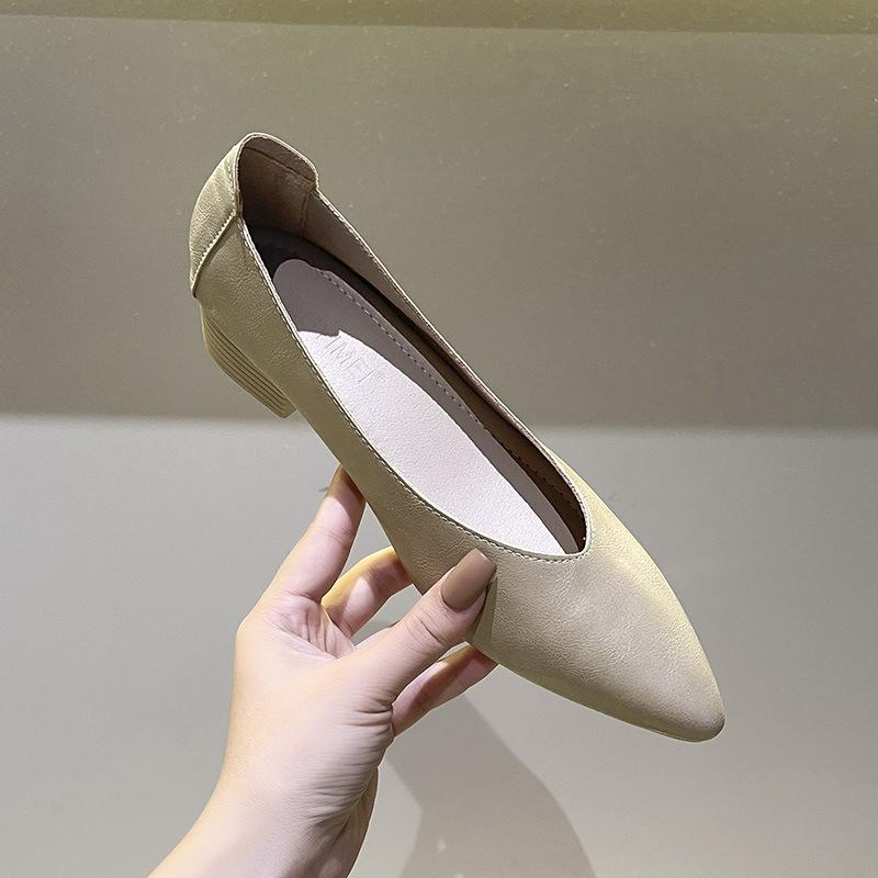 3.5 Cm Leather Spring and Autumn Single Shoes Women's Comfortable Versatile Soft Leather Pointed Work Shoes Occupation Not Tired Feet Thick Heels
