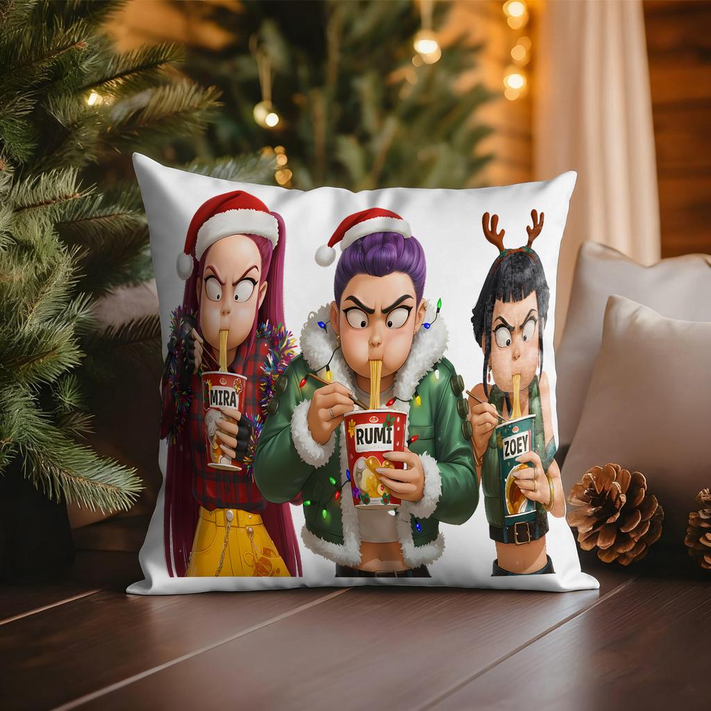 KPop Demon Hunters Blue Cat wearing Christmas Hat with Colorful Lights Christmas Pillowcase fashion Home Decoration
