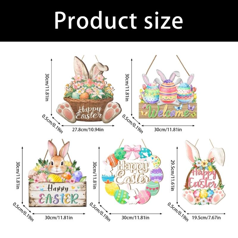 Easter Wooden Welcome Sign with Spring Flowers Rabbit Designs for Door Decoration Hanging Ornament