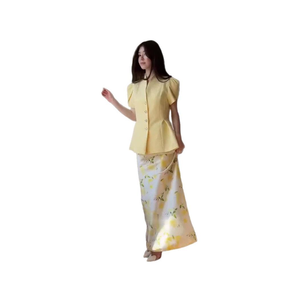 European and women's new French V-neck short-sleeved waist cardigan floral wide pendulum long skirt set