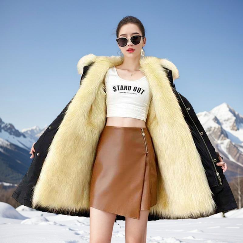 Winter New Wool Cotton Clothes Medium and Long Women's Removable Imitation Raccoon Hair Liner Thickened Large Size Imitation Fur Jacket