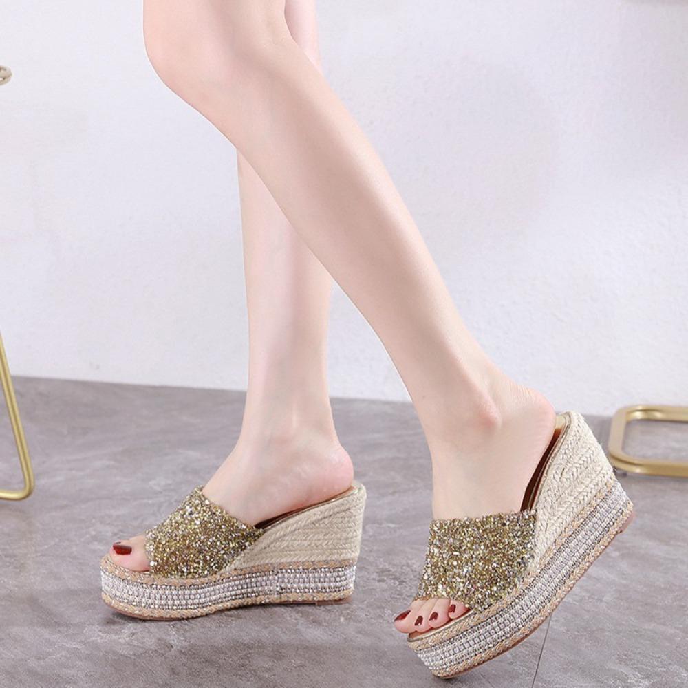 Slope Heel Slippers Super High Heels Slippers Waterproof Platform Sandals Thick Sole Sequins Rhinestone Slippers Women's Outside