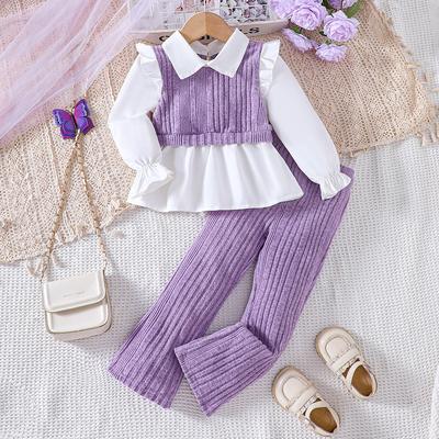 Kinder Frühlingskleidung für Mädchen Gefälschte Zweiteiler Langarm Chiffon Hemden und Strickhosen Casual Uniform Anzug