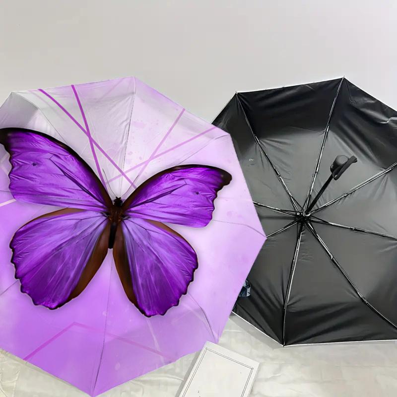 Purple Butterfly Auto Open Close Umbrella, Portable Tri-Fold Design with 8-Bone Iron Frame, Gift for Fans, Travelers, Daily Use, Perfect Pre