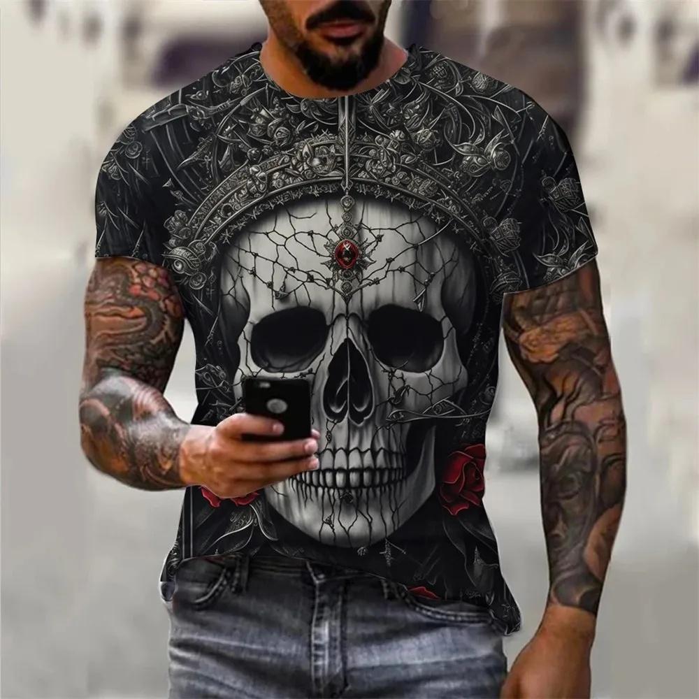 Men's Summer Skull Print T-Shirt Soft Breathable Round Neck Outdoor Street Style Casual Graphic Tee Comfort Top