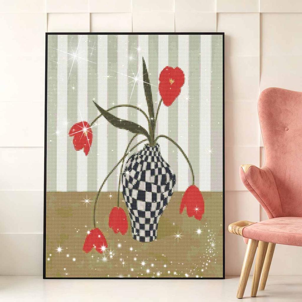 Diamond Painting Kit Red Tulips Vase 5D Full Drill Rhinestones Embroidery 30x40cm Living Room Bedroom Wall Decor Gifts for Her