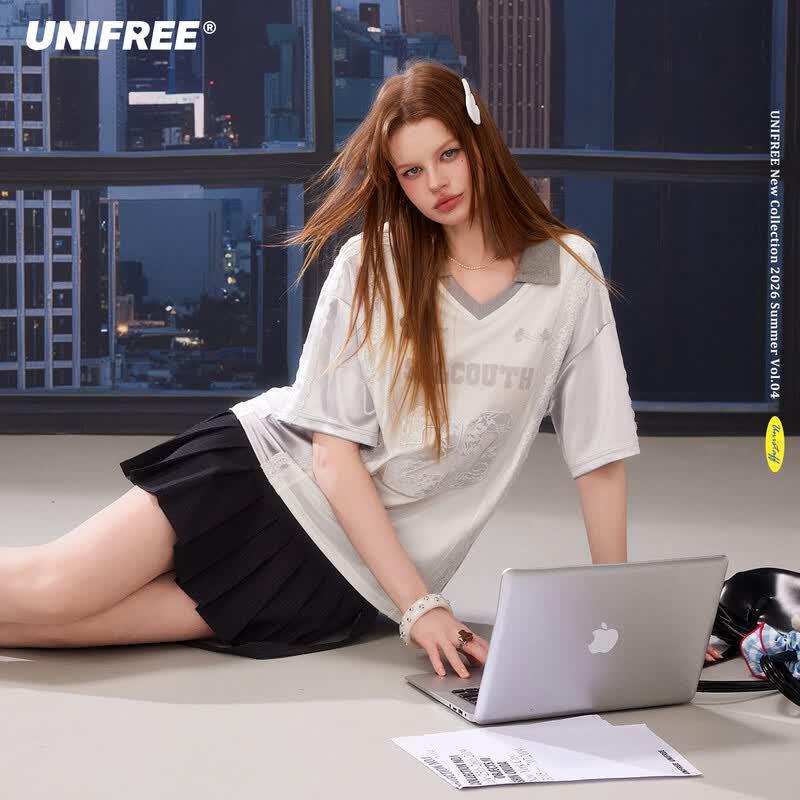 UNIFREE Lace Trim Color Block Sporty T-Shirt M
