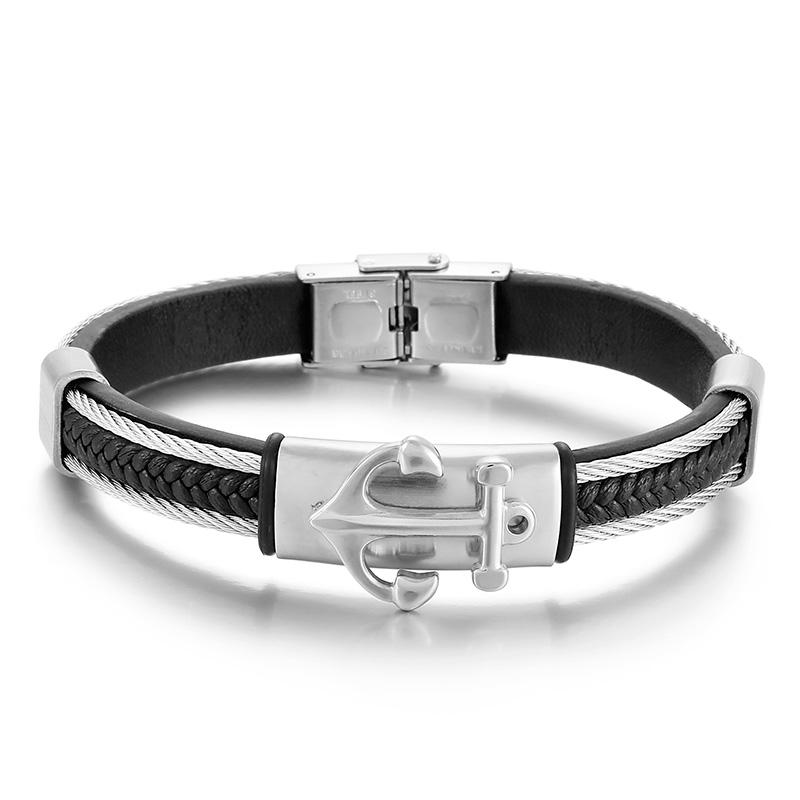 KALEN 210mm Punk Stainless Steel Mens Cowhide Leather Anchor Bracelets 21cm&Trendy