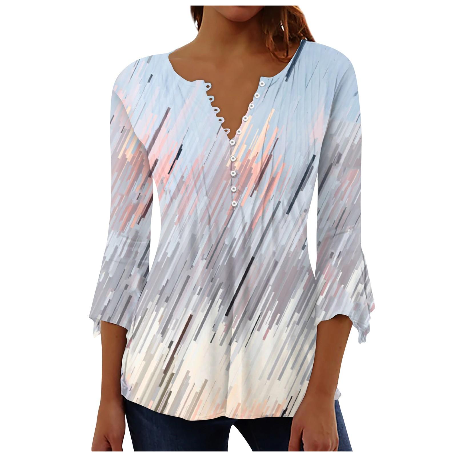 

Женская рубашка на пуговицах, топ с цветочным принтом, летняя повседневная блузка с рукавом 3/4 и V-образным вырезом S