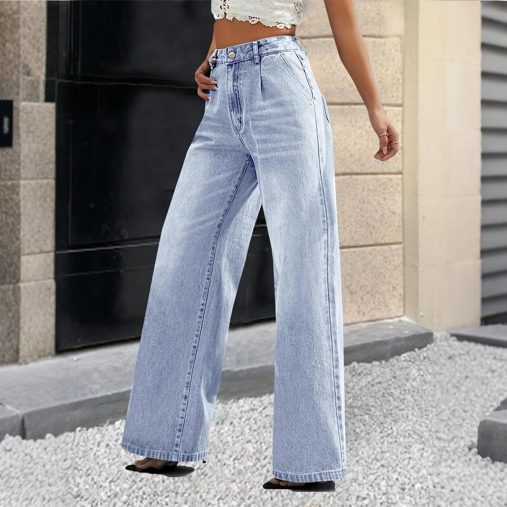 Dámské seprané dámské džíny s vysokým pasem Módní všestranné kalhoty s rovnými nohavicemi