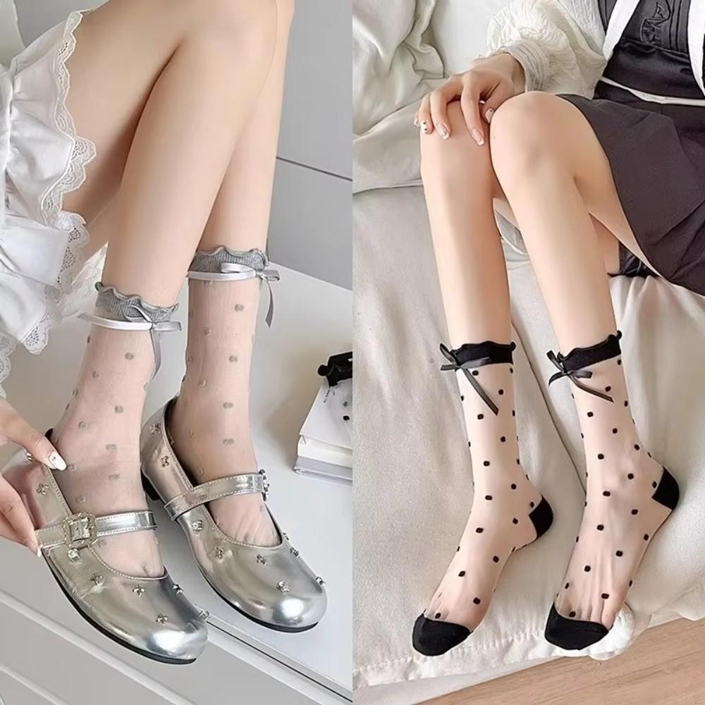 Crystal Silk Lace Bow Socks Ultra-thin Polka Dot Sock Comfortable Mid Tube Sock  Girls