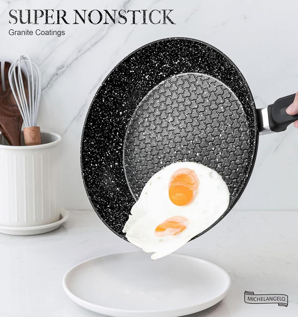 MICHELANGELO Non-stick Frying Pan with Lid, Granite Non-stick Coating, Scald-proof Handle, Suitable for Induction Cookers