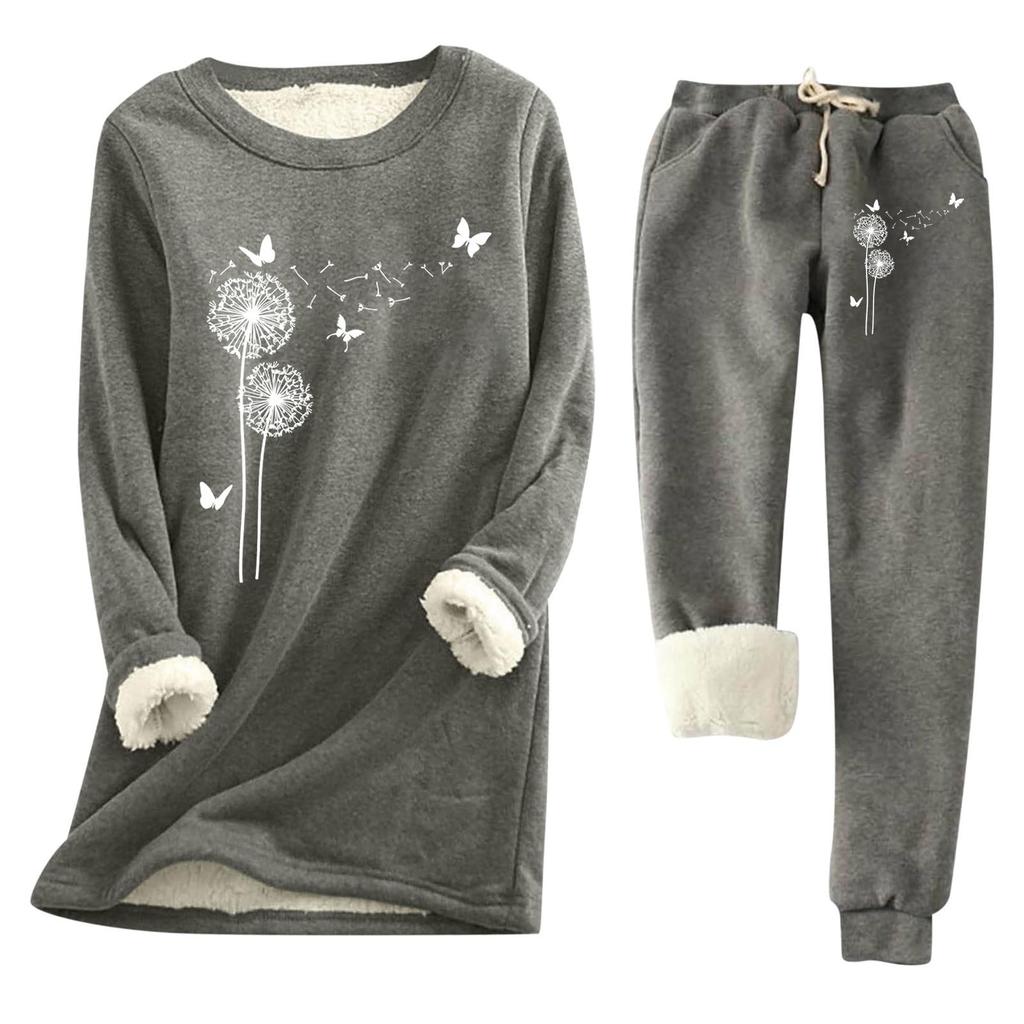 Women's Print Round Neck Warm Suit Long Sleeve Fleece Drawstring Sweatpants Two-Piece Set