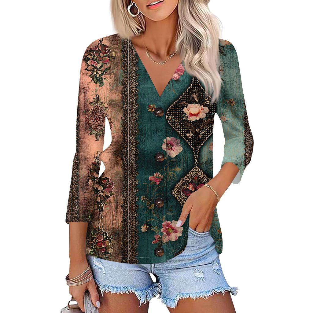 Women's Fashion Casual Print Button-down Shirt 3/4 Long Sleeve Tops