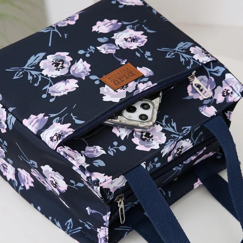 Stylish and Practical: Portable Lunch Tote Bag with Flower Print and Thick Nylon Fabric for Work and Outdoors