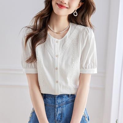 Skin-friendly Cotton Women's Shirt Summer New Temperament Elegant French Puff Sleeve Top Lacy Short Sleeve Women