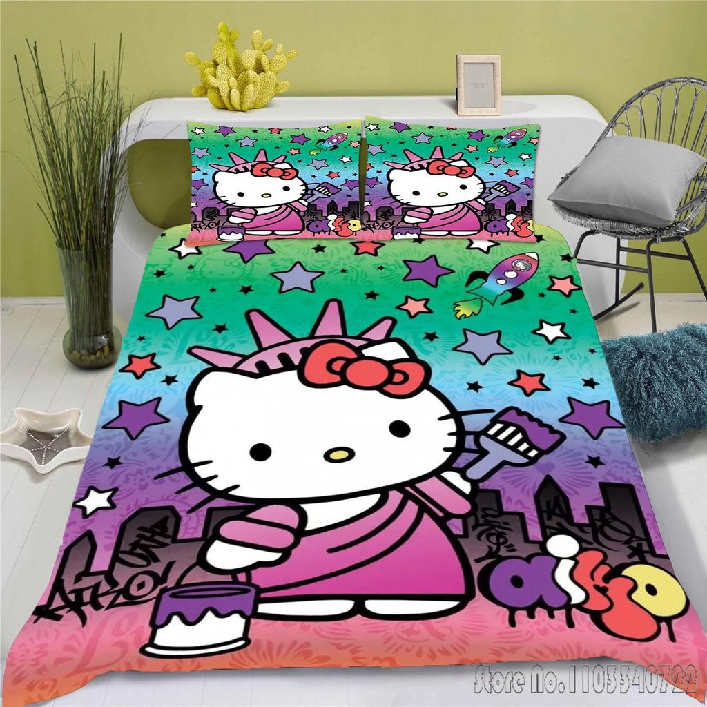 Set de Lenjerie de Pat Anime Hello Kitty Husa de Plapumă 100% Poliester Potrivit Pentru Copii Și Adulți Set de 3 Piese 1 Husa de Plapumă