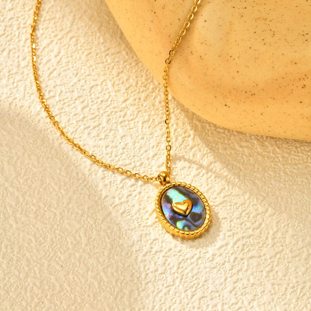 Stainless Steel Oval Abalone Shell Heart Shape 18K Gold Pendant Necklace Ladies, Jewelry 2336