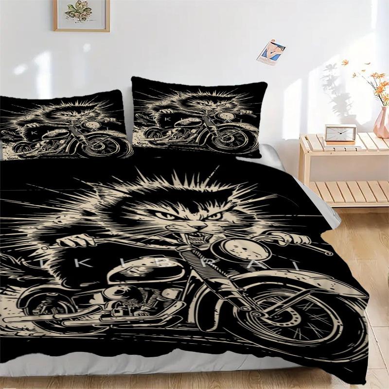 

3pcs Motorcycle Cat Print Duvet Cover Set, 1 Duvet Cover + 2 Pillowcases (No Insert), High-Definition Print, Home & Dorm yy251123038 135x200cm