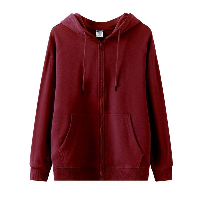 Brand Burgundy Hooded Sweatshirt Spring and Autumn Women Solid Color Zipper Cardigan Retro Top Men Ins Trend